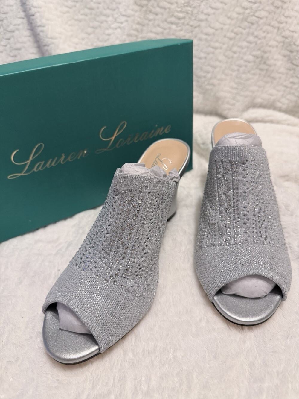 Lauren Lorraine Silver Martha RhinestoneWedge Stretch Women Sz 8.5 Wedding Dance